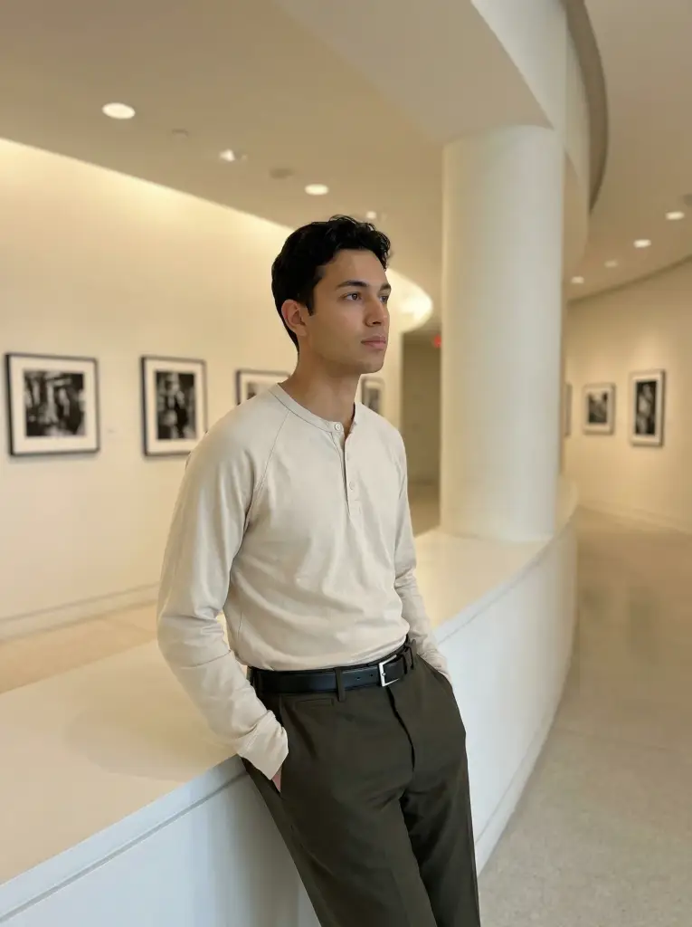The same henley worn by a male cast model in a gallery corridor, generated