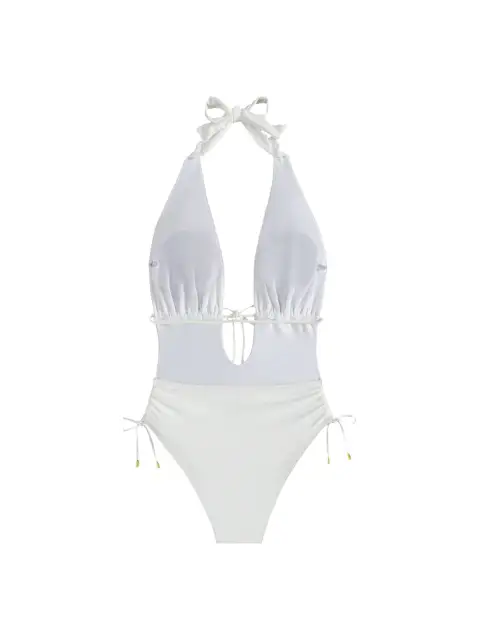 Source: a white halter one-piece, cut-out