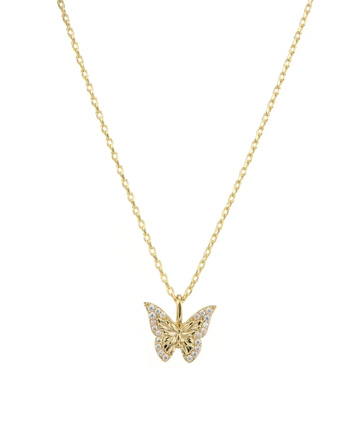 A gold butterfly pendant necklace, product photo on white