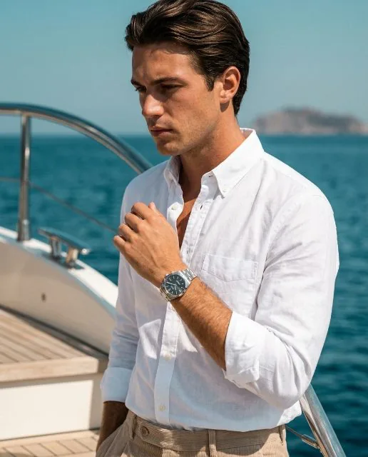 A steel watch worn on a yacht deck, one of four generated angles