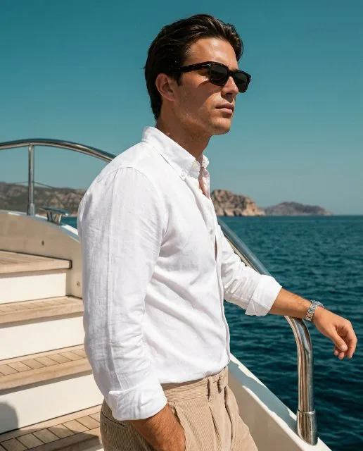 Three quarter: a steel watch worn on a yacht deck, one of four generated angles