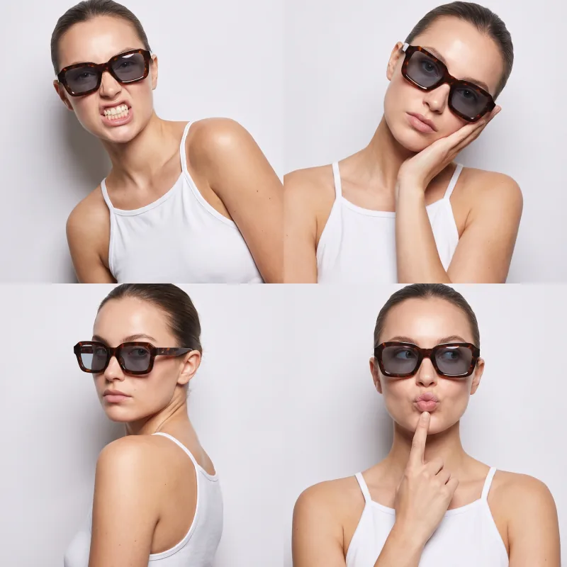 The same sunglasses in a four-frame studio grid, 1:1