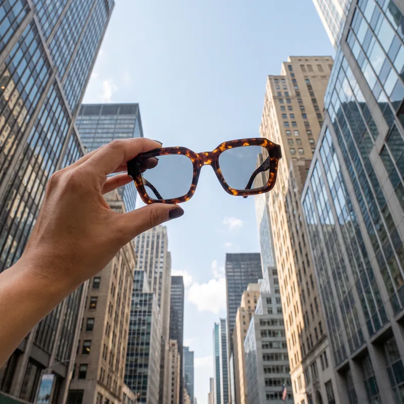 Sunglasses held up against city towers, generated — a social post