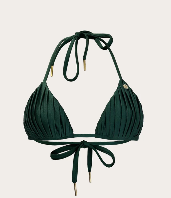 A green halter bikini top, product photo